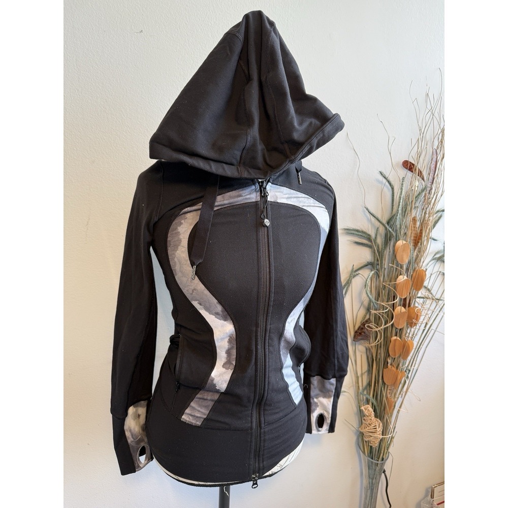 Lululemon In Stride Jacket Black Brushed Coal White Canvas Hooded Zip Up, Size 2